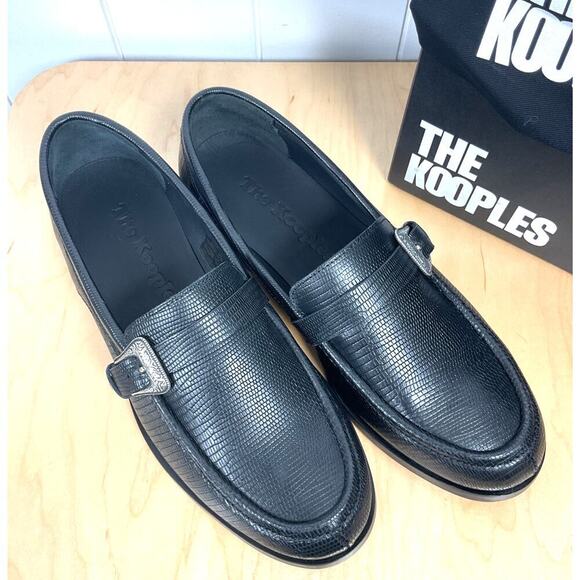The Kooples Leather Snake Skin Pattern Silver Buckle Black Loafers NIB FR 43 - Picture 1 of 6